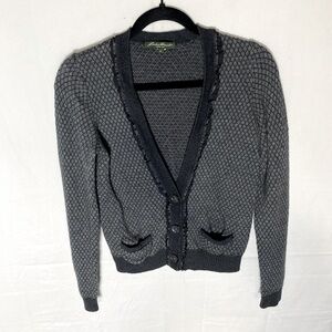 Eddie Bauer Grey Cotton Merino Wool Blend Diamond Knit Cardigan W Ruffle Trim M